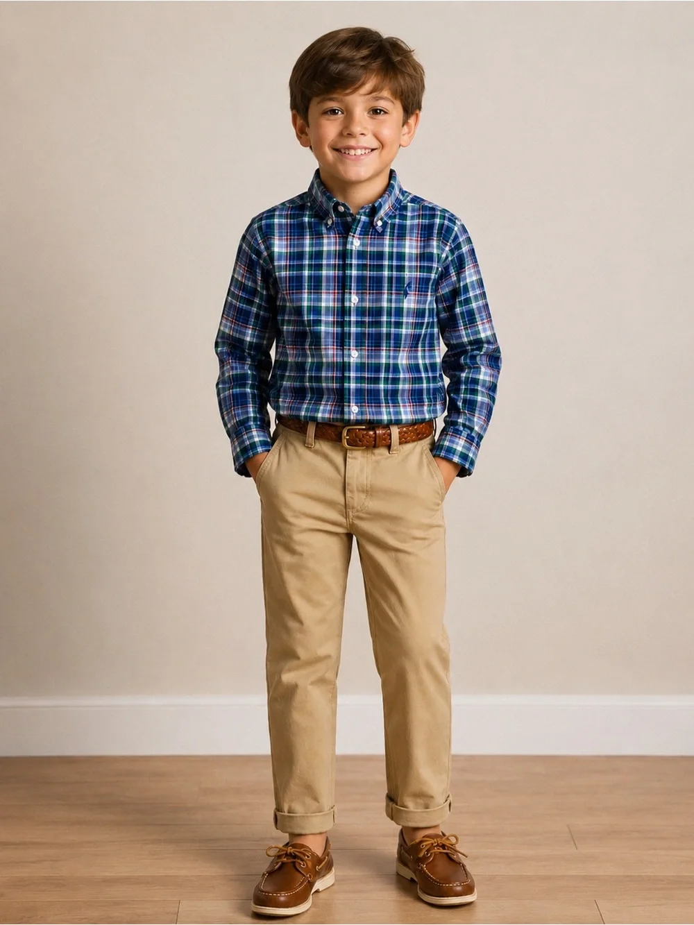 Polo Ralph Lauren Boys 7 Blue Green Plaid Cotton Long Sleeve Button Down Shirt